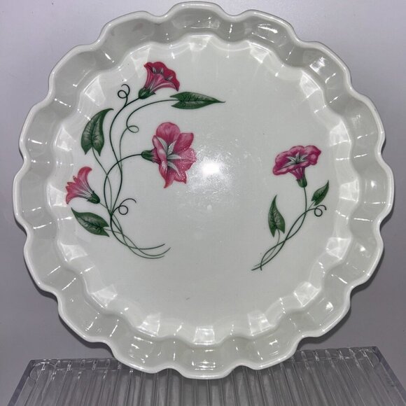 Frugier Limoges France Ceramic Fluted Tart Pan 10" MCM Morning Glory Flowers - Picture 4 of 11